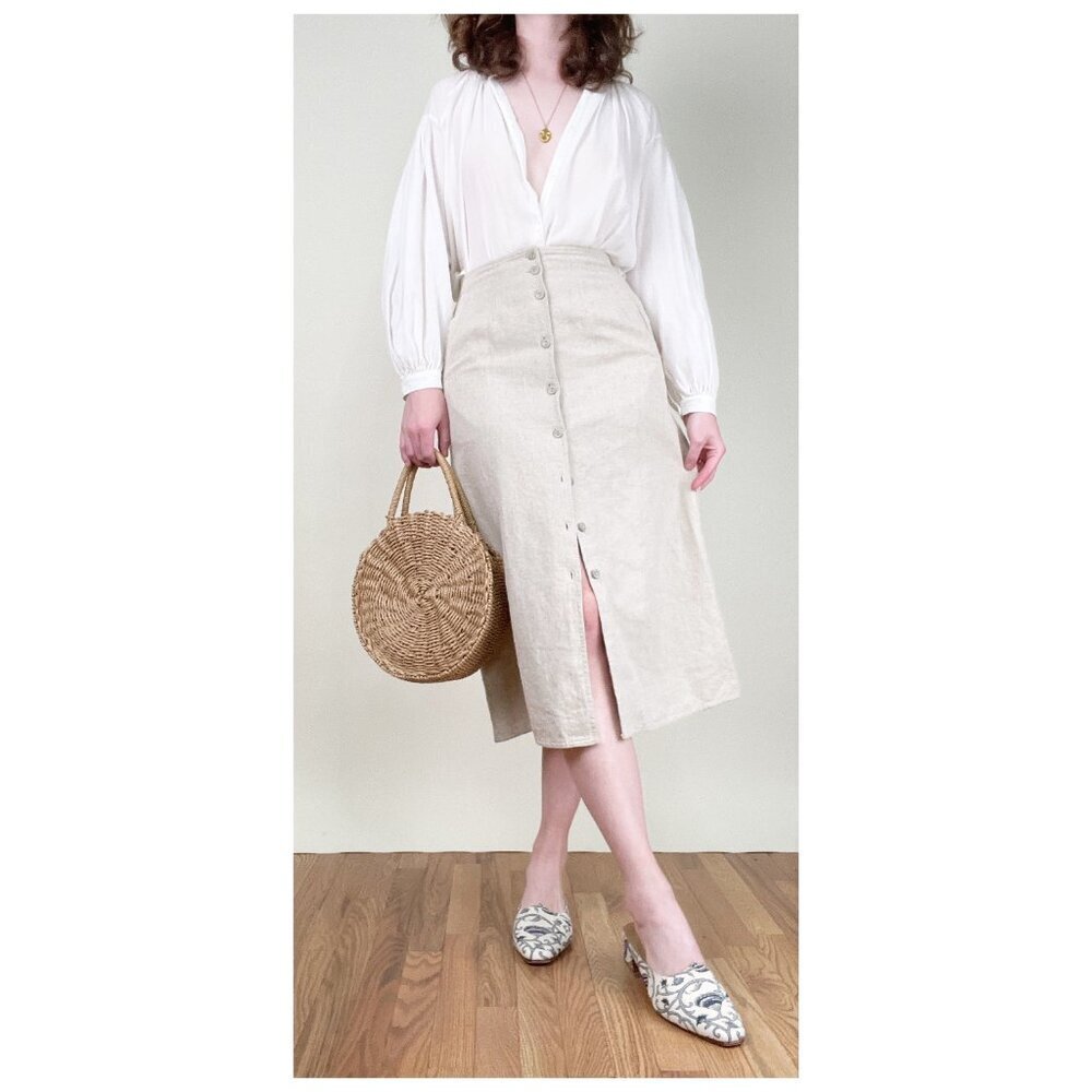 Vintage Linen Button Down Midi Skirt A-line Old Money Quiet Luxury French Girl - Picture 9 of 9